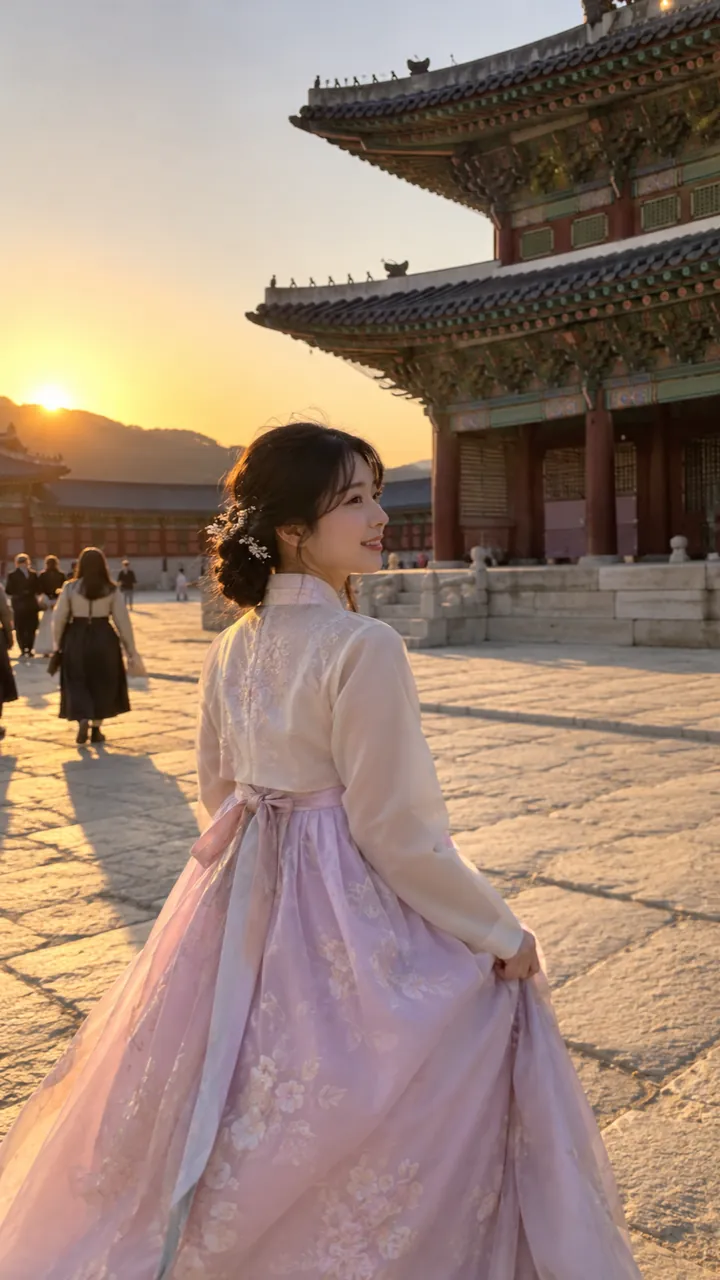 한복을 입고 고궁 마당을 걷는 장면